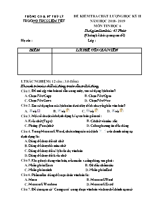 Đề kiểm tra chất lượng học kỳ II môn Tin học Lớp 6 - Năm học 2018-2019 - Trường THCS Liêm Tiết (Có đáp án)